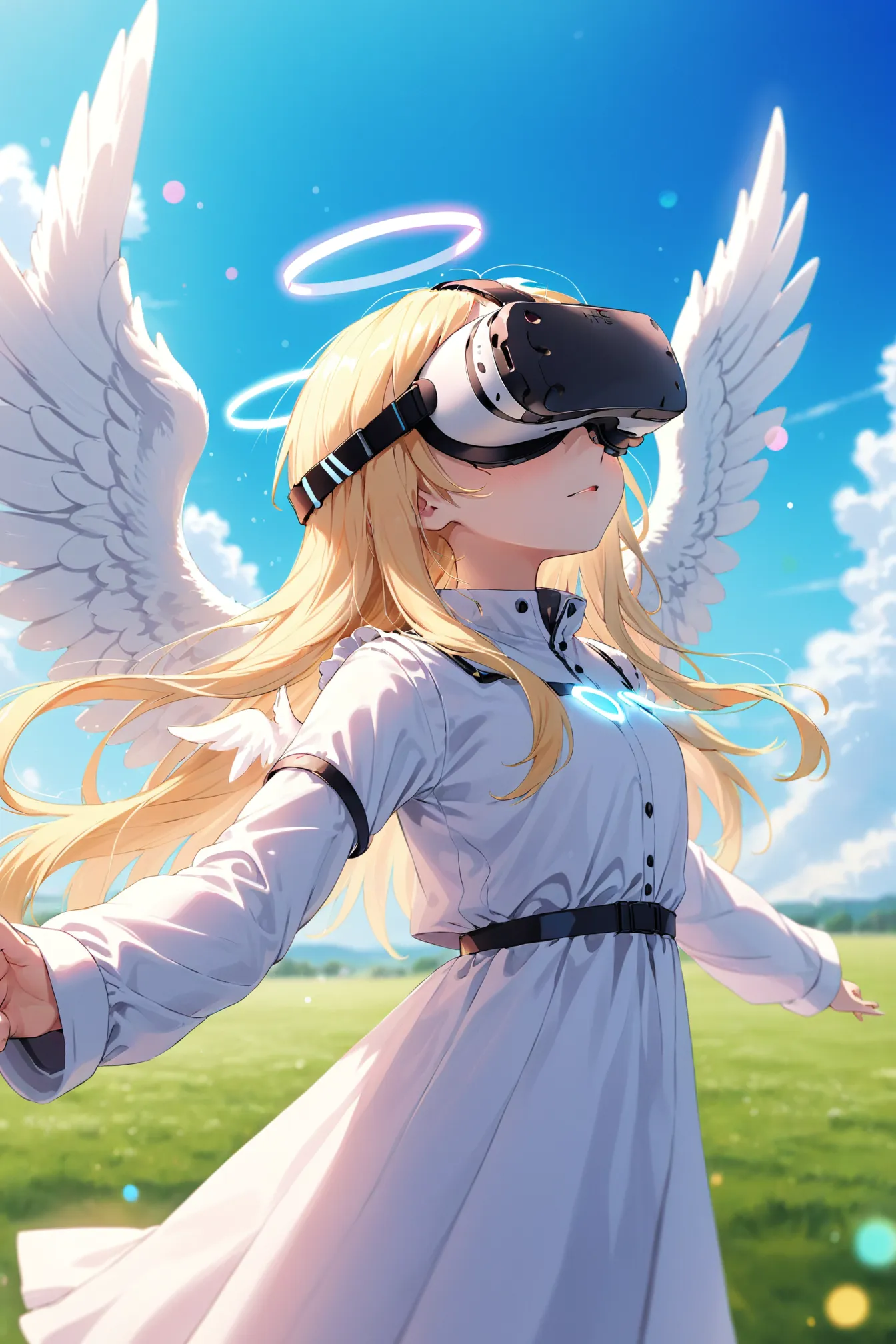 02094-822741079-anime, pastel colors, girl, wearing (vr goggle_1.4), HTC Vive, blonde hair, long hair, flying, angel wings, blue.webp